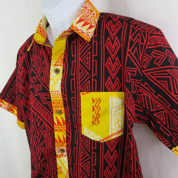 Samoan Aloha Shirt Mens M Red Yellow American Samoa Hand Printed Tribal Tapa - Picture 1 of 12